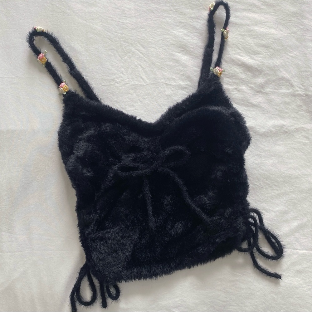 For Love and Lemons Willa fuzzy tie tank black — size small